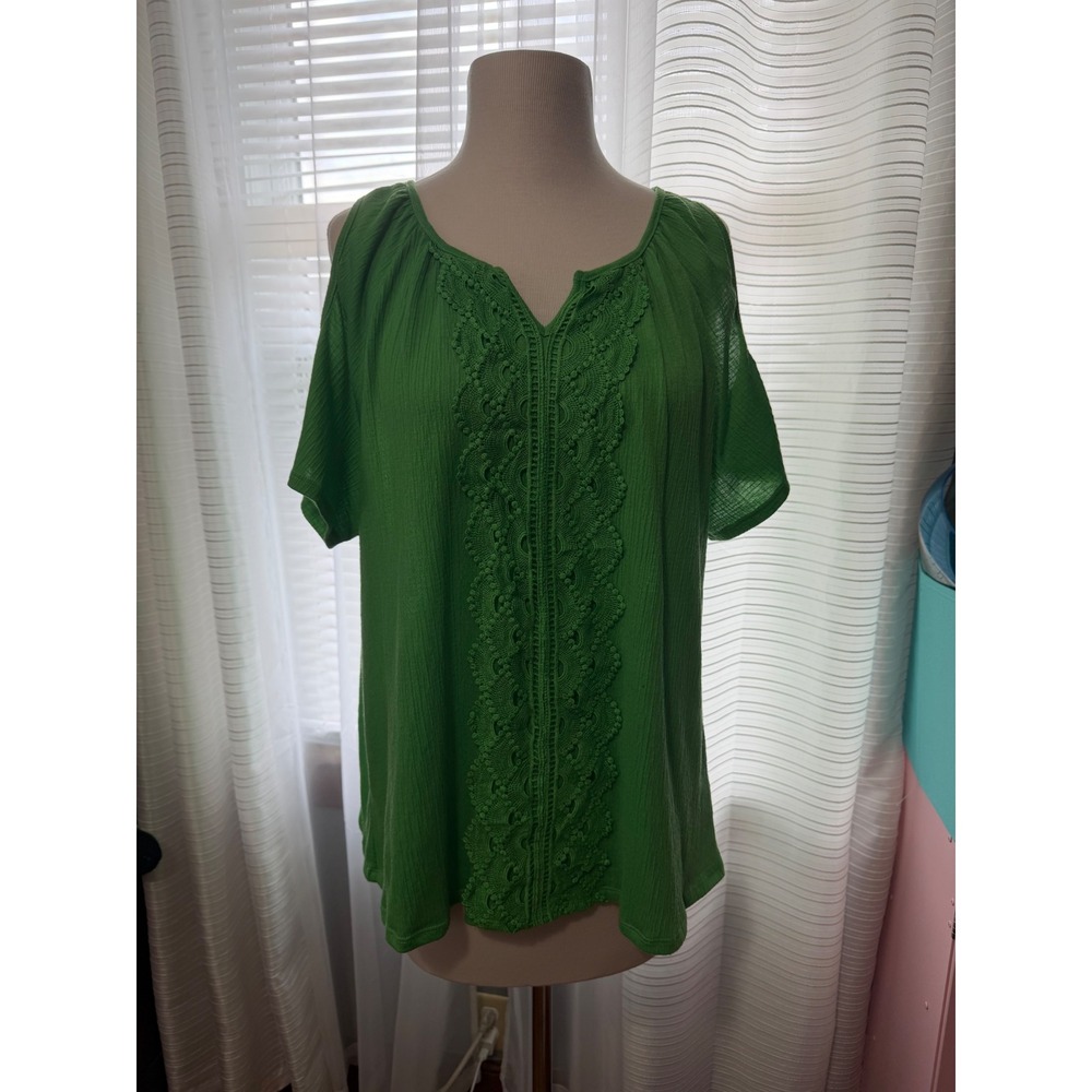 Ladies Green Cold Shoulder Crochet Lace Trim Crinkle Top Large